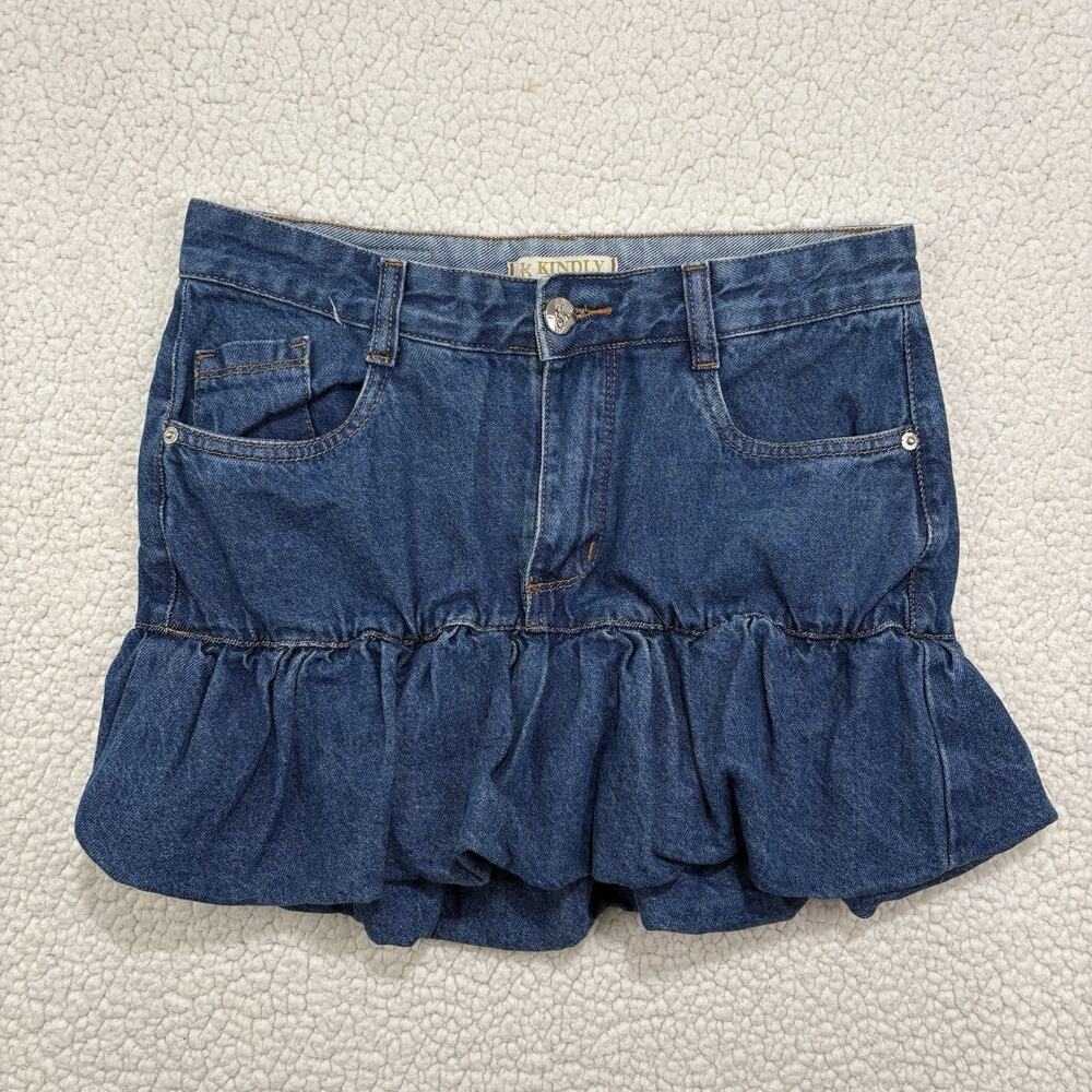 Kindly Y2K Pleated Blue Denim Micro Mini Skirt Bubble Hem Size 38 30” Waist